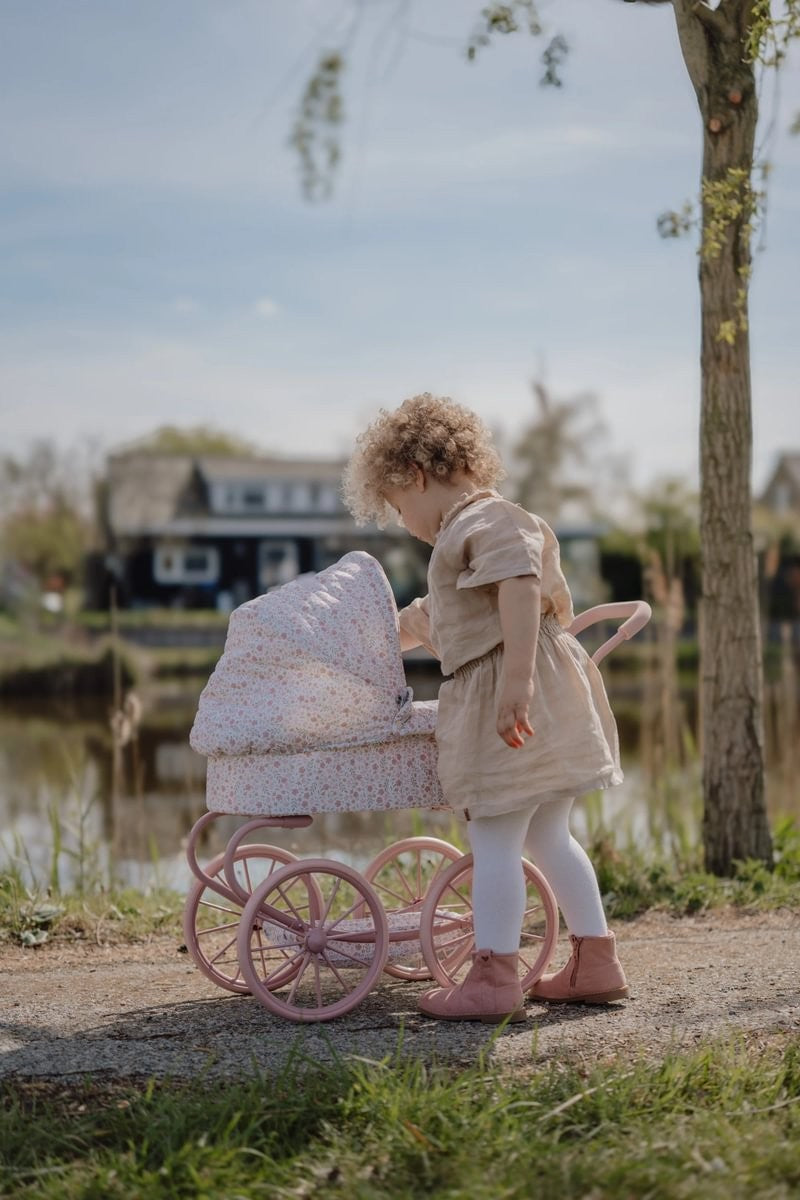 Carrito de paseo de muñecas metal Flores rosa Little Dutch